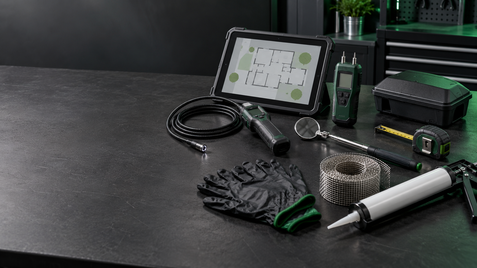 Equipment prepared for a property inspection.