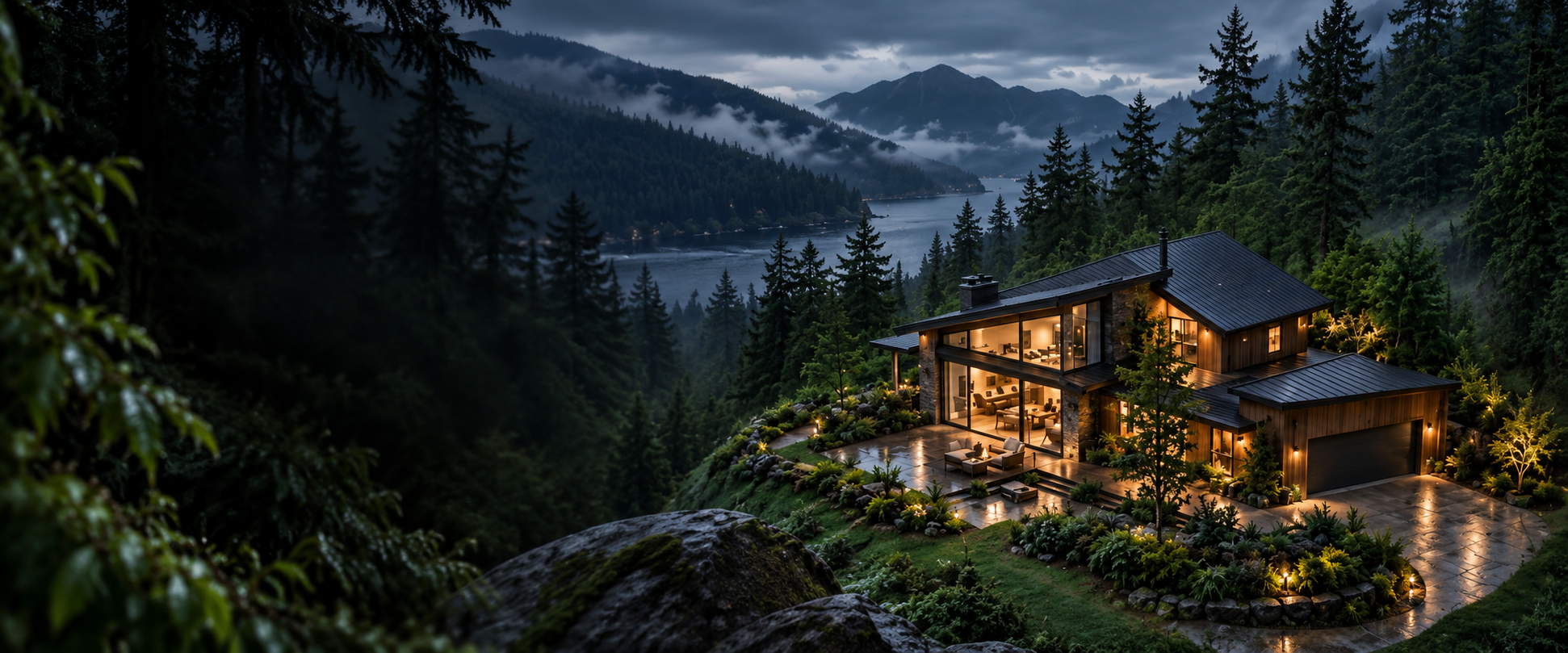 A warmly lit home surrounded by forest and mountains.