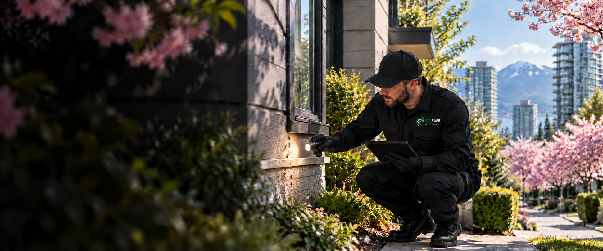 A technician inspecting the outside of a home.