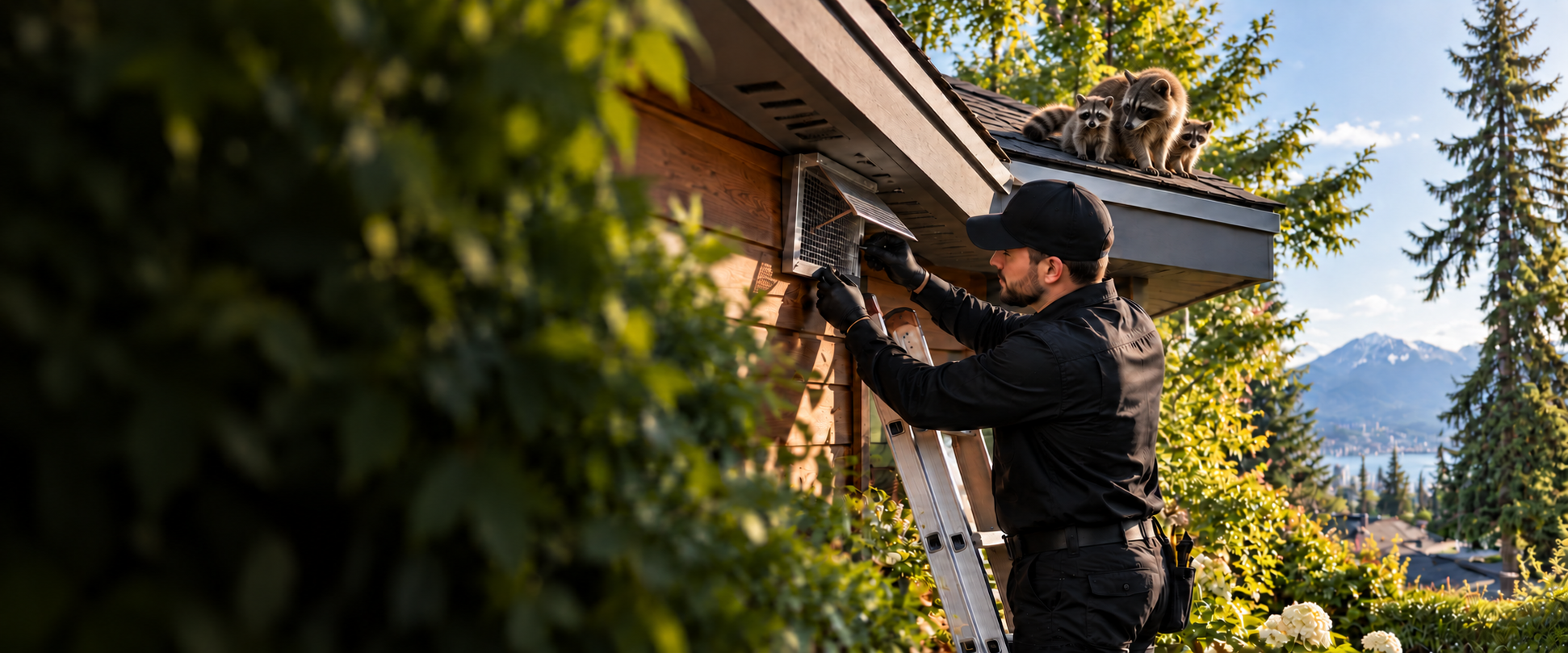 A technician protecting a roof entry point with raccoons outside.