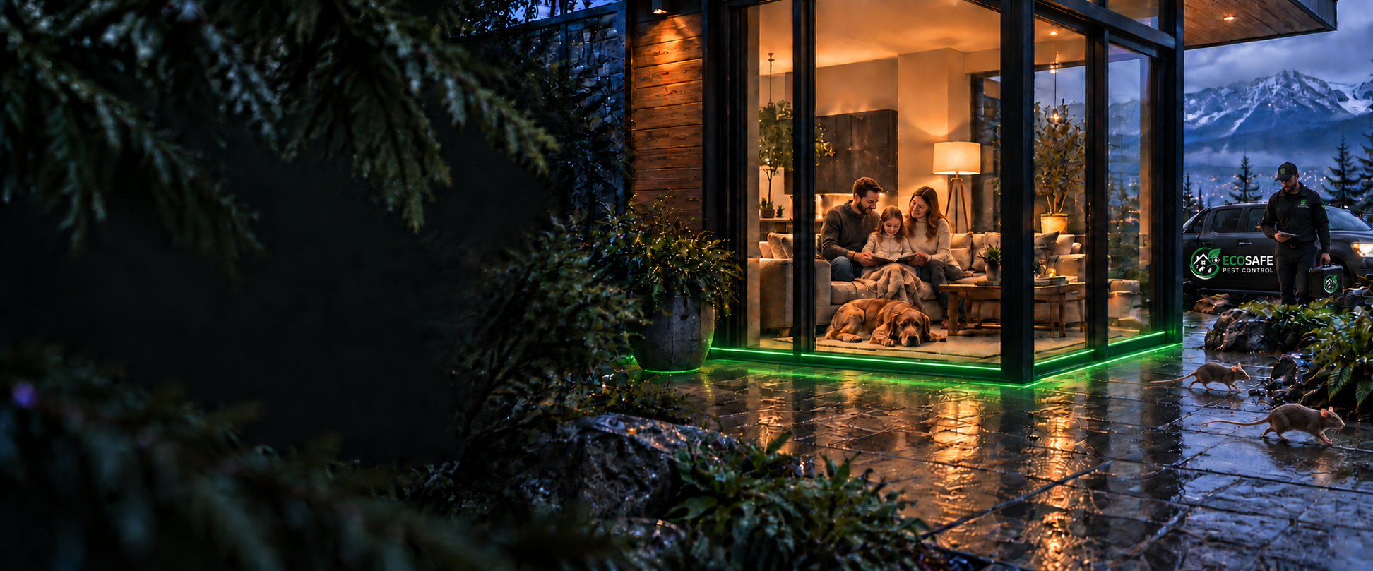 A family relaxing inside a warmly lit home.