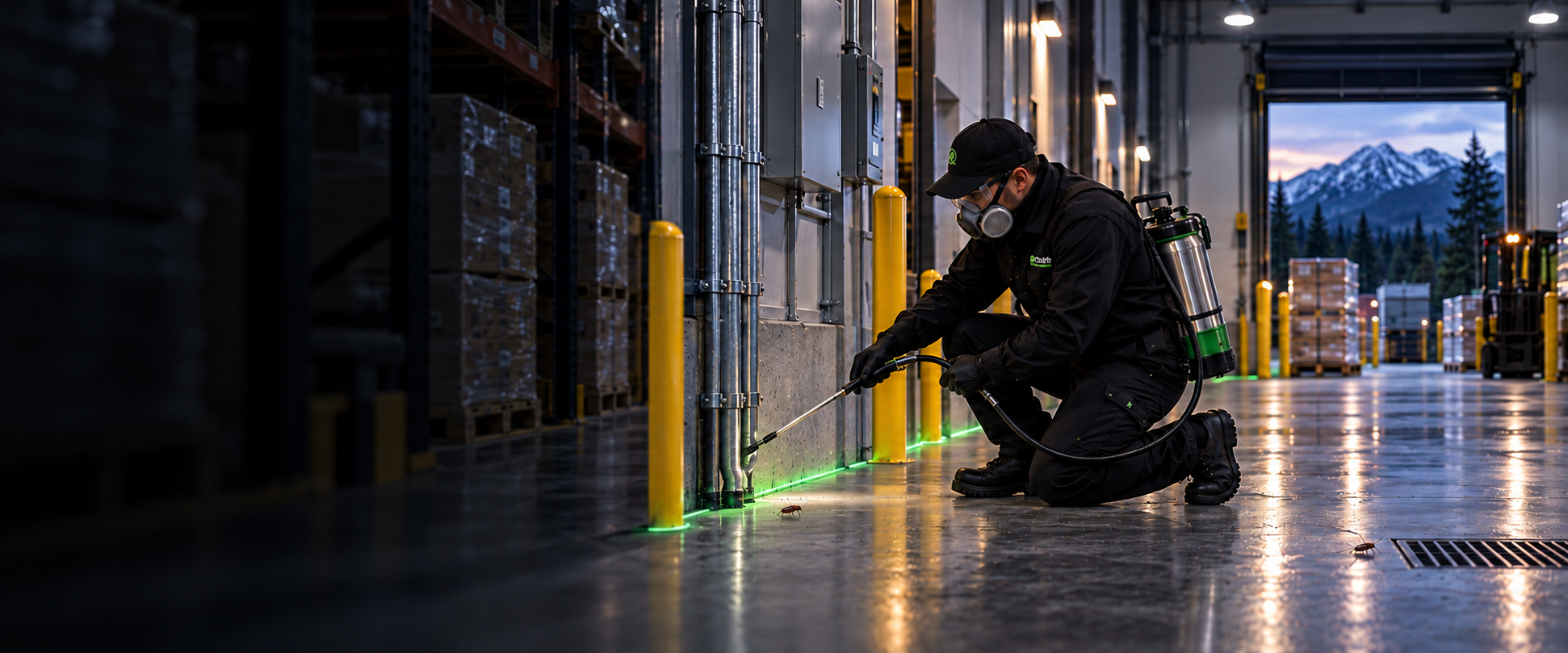A technician working inside a commercial warehouse.